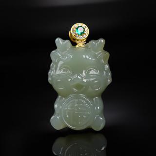 er23452 和田玉且末蓝镶嵌龙宝宝抱福吊坠