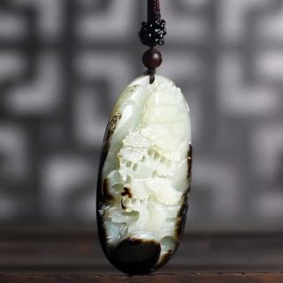 青鹊凰 新疆和田玉籽料山水吊坠 男款黑皮玉石原石手把件 文玩盘玩珠